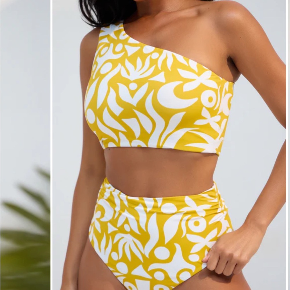 Fashion Nova One Shoulder Yellow and White Bikini Set